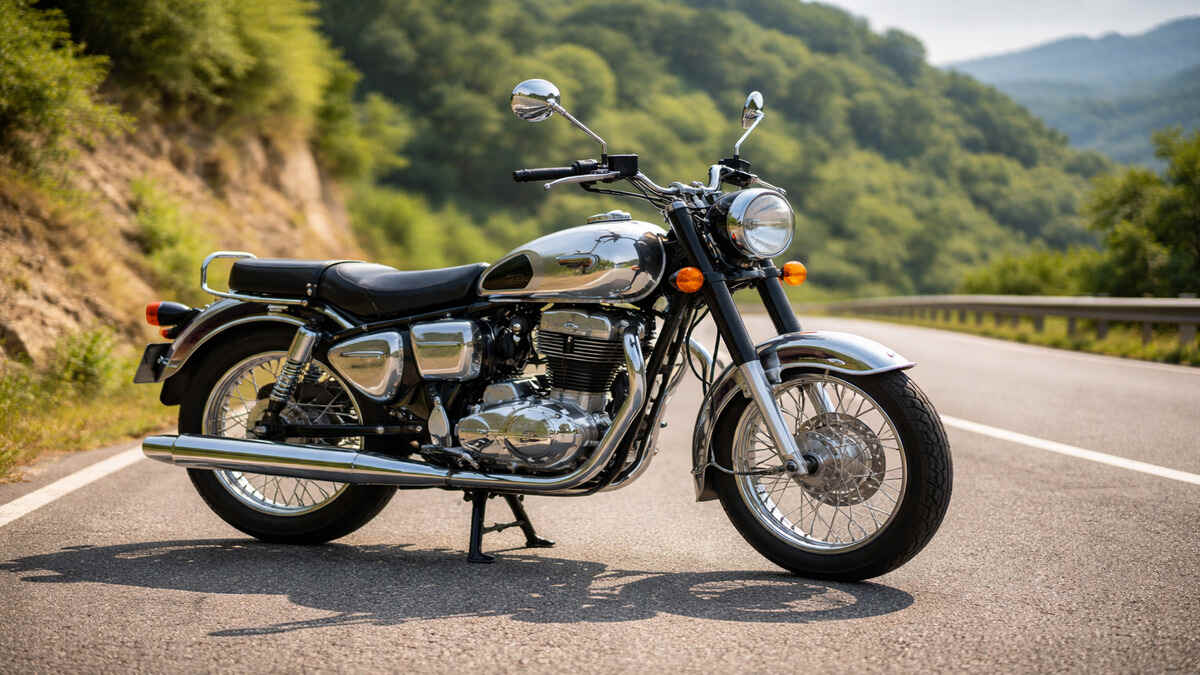 Royal Enfield Machismo 350 parked on a scenic road in natural daylight